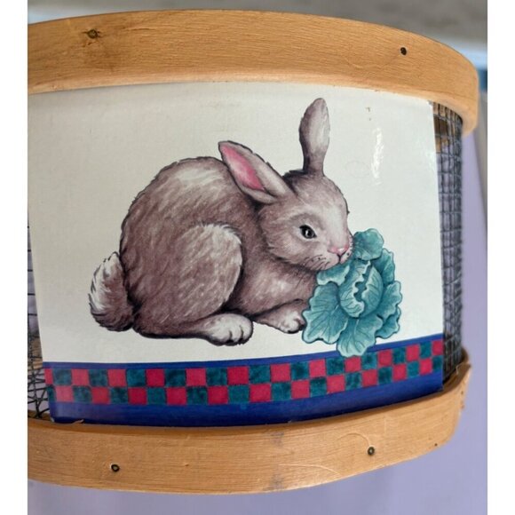 Vtg Wooden Chicken Wire Basket Rabbit‎ Bunny Print Rustic Decor - Picture 3 of 5